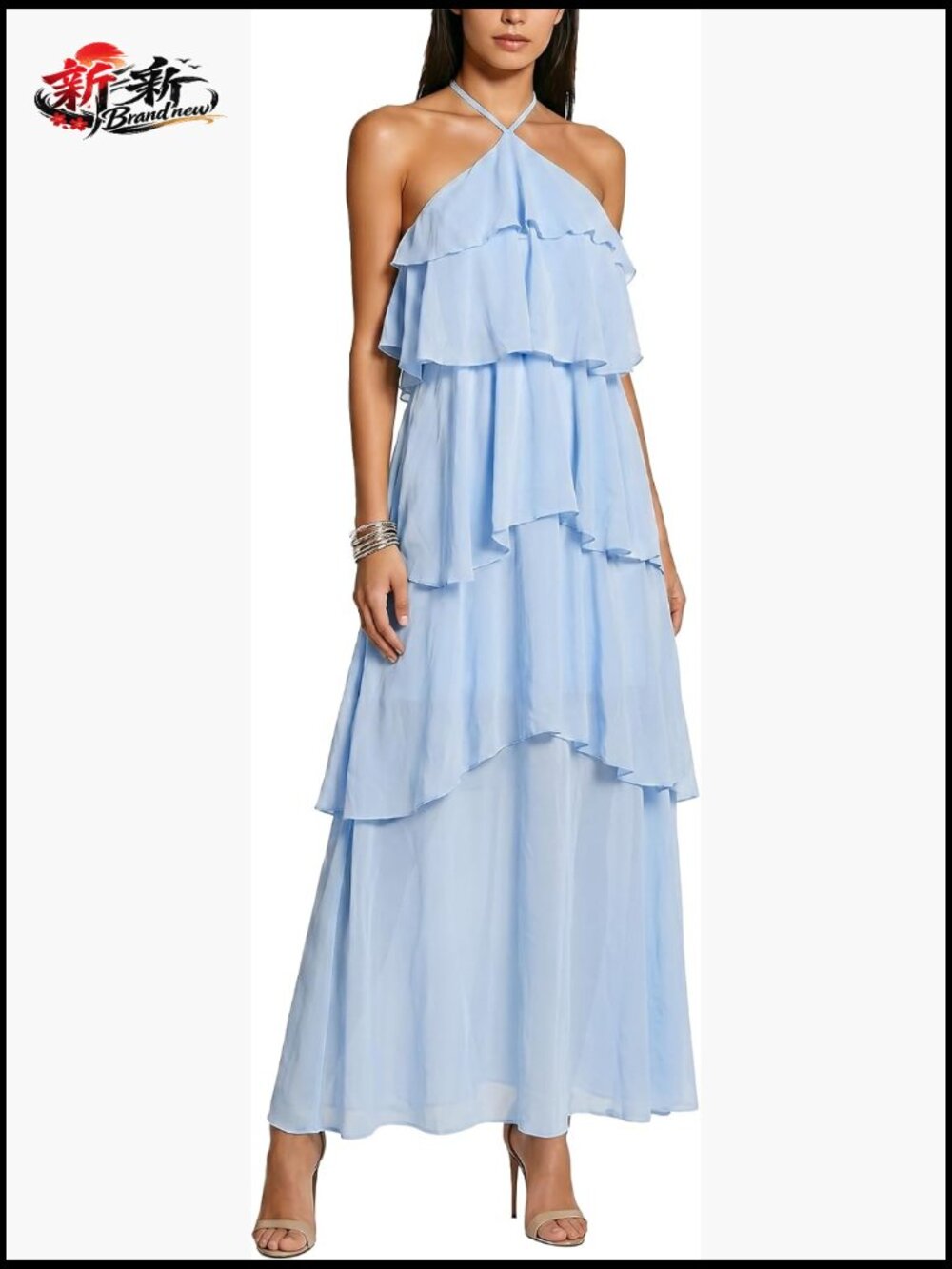 Chiffon Halter Maxi Dress Women Formal Tiered Bridesmaid Wedding Guest Gown